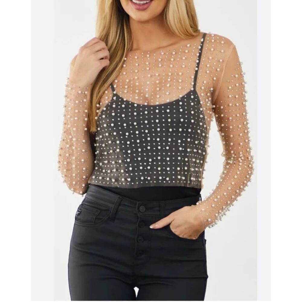 Haute Monde Sheer Pearl Mesh Y2K Party Long Sleeve Top Size Small
